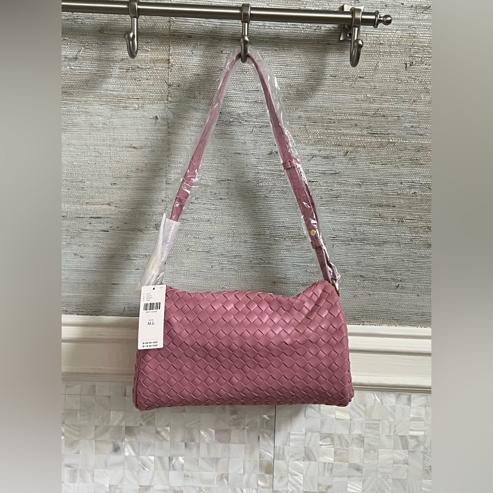 NWT new Anthropologie woven shoulder bag pink mauve faux leather zipper purse - Picture 3 of 15